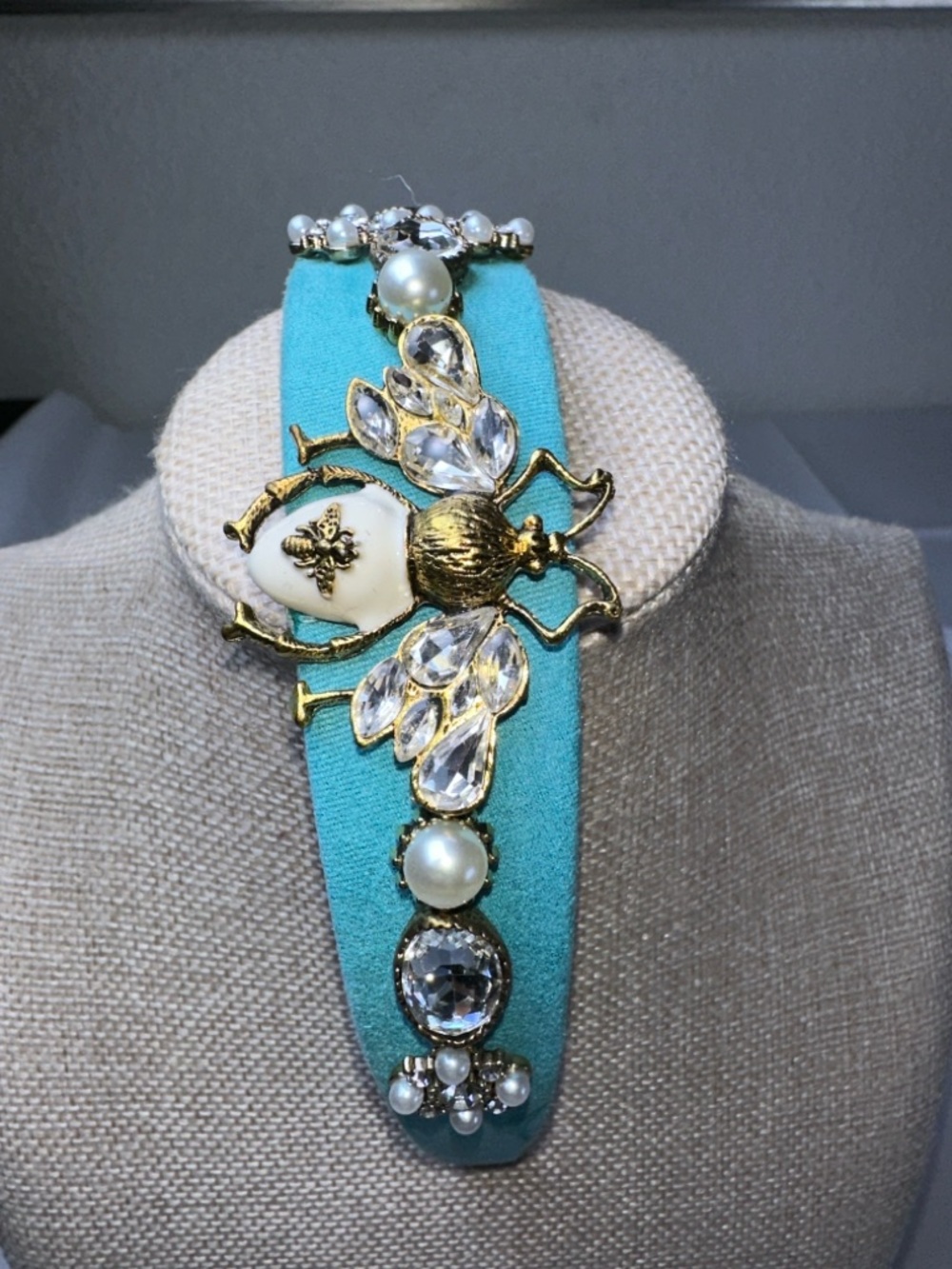 Chunky, Luxury Aqua Jeweled Bee, Glass Crystal Gems & Pearl Accent Headband